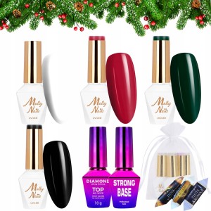Molly Nails Świąteczny zestaw do paznokci hybrydowych w prezentowym woreczku - 4x kolorowy lakier + baza + top + gratis
