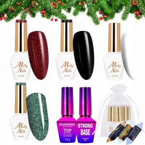 Molly Nails Świąteczny zestaw do paznokci hybrydowych w prezentowym woreczku - 2x brokatowy lakier + 2x kolorowy lakier + baza + top + gratis
