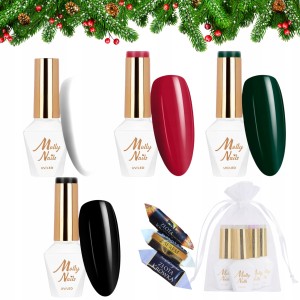 Molly Nails Świąteczny zestaw do paznokci hybrydowych w prezentowym woreczku - 2x brokatowy lakier + 2x kolorowy lakier + gratis
