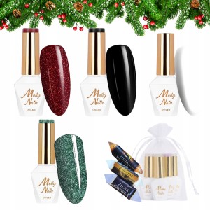 Molly Nails Świąteczny zestaw do paznokci hybrydowych w prezentowym woreczku - 2x brokatowy lakier + 2x kolorowy lakier + gratis