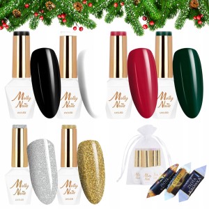 Molly Nails Świąteczny zestaw do paznokci hybrydowych w prezentowym woreczku - 2x brokatowy lakier + 4x kolorowy lakier + gratis