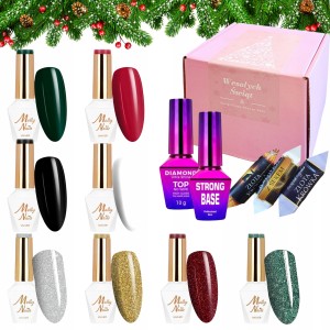 Molly Nails Świąteczny zestaw do paznokci hybrydowych w prezentowym pudełku - 4x brokatowy lakier + 4x kolorowy lakier + baza + top + gratis