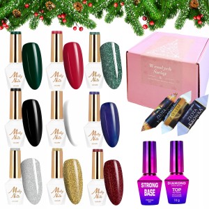 Molly Nails Świąteczny zestaw do paznokci hybrydowych w prezentowym pudełku - 5x brokatowy lakier + 4x kolorowy lakier + baza + top + gratis