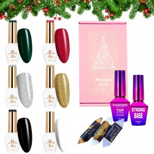 Molly Nails Świąteczny zestaw do paznokci hybrydowych w prezentowym pudełku - 2x brokatowy lakier + 4x kolorowy lakier + baza + top + gratis