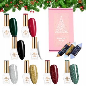 Molly Nails Świąteczny zestaw do paznokci hybrydowych w prezentowym pudełku - 4x brokatowy lakier + 4x kolorowy lakier + gratis