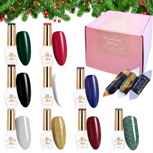 Molly Nails Świąteczny zestaw do paznokci hybrydowych w prezentowym pudełku - 5x brokatowy lakier + 4x kolorowy lakier + gratis