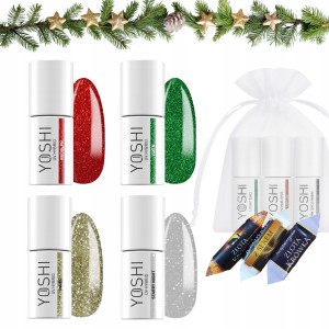 Yoshi Świąteczny zestaw do paznokci hybrydowych w prezentowym woreczku - 4x brokatowy lakier + gratis