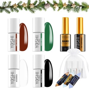 Yoshi Świąteczny zestaw do paznokci hybrydowych w prezentowym woreczku - 4x kolorowy lakier + baza + top + gratis