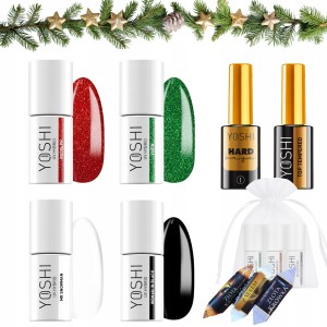 Yoshi Świąteczny zestaw do paznokci hybrydowych w prezentowym woreczku - 2x brokatowy lakier + 2x kolorowy lakier + baza + top + gratis