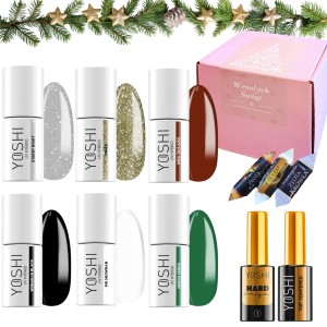 Yoshi Świąteczny zestaw do paznokci hybrydowych w prezentowym pudełku - 2x brokatowy lakier + 4x kolorowy lakier + baza + top + gratis