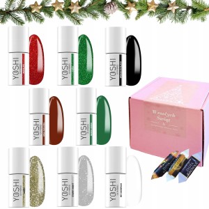 Yoshi Świąteczny zestaw do paznokci hybrydowych w prezentowym pudełku - 4x brokatowy lakier + 4x kolorowy lakier + gratis