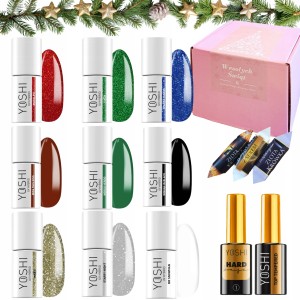 Yoshi Świąteczny zestaw do paznokci hybrydowych w prezentowym pudełku - 5x brokatowy lakier + 4x kolorowy lakier + baza + top + gratis