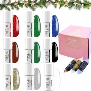 Yoshi Świąteczny zestaw do paznokci hybrydowych w prezentowym pudełku - 5x brokatowy lakier + 4x kolorowy lakier + gratis