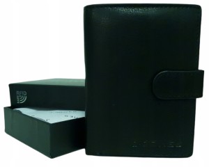 Portfel męski czarny skórzany składany z zatrzaskiem minimalistyczny Jennifer Jones RFID SAFE elegancki prezent na święta
