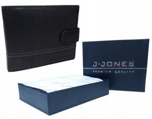 Portfel męski czarny skórzany poziomy z zatrzaskiem i dekoracyjnymi przeszyciami Jennifer Jones RFID SAFE elegancki prezent na święta