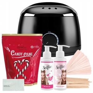 ItalWax Zestaw do depilacji - podgrzewacz Black 100W + wosk do depilacji twardy Candy Cane 500g + preparat Selfie przed i po depilacji + szpatułki + talk