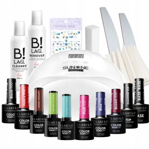 Claresa Zestaw do paznokci hybrydowych w prezentowym pudełku - lampa Led UV  + 10x lakier hybrydowy 5g + preparaty + akcesoria