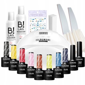 Sunone Zestaw do paznokci hybrydowych w prezentowym pudełku - lampa Led UV + 10x lakier hybrydowy 5g + preparaty + akcesoria