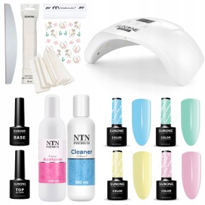 Sunone Zestaw do paznokci hybrydowych w prezentowym pudełku - lampa Led UV + 4x lakier hybrydowy 5g + preparaty + akcesoria