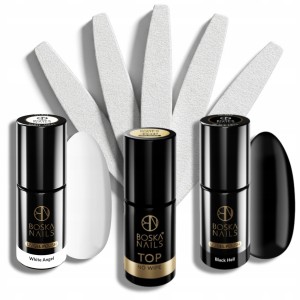 Zestaw Boska Nails Top No Wipe 6ml + Lakier Hybrydowy Czarny + Biały 6ml + Pilnik łódka 100/180 x5