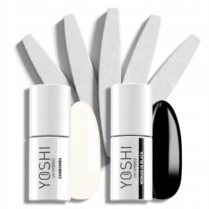 Zestaw Yoshi Lakier Hybrydowy Czarny + Biały 6ml + Pilnik łódka zebra 100/180 x5 – french, nail art