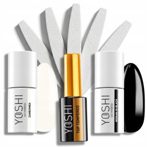 Zestaw Yoshi Top Tempered 10ml + Lakier Hybrydowy Czarny + Biały 6ml + Pilnik łódka 100/180 x5 – manicure french