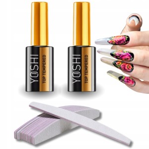 Zestaw do manicure Yoshi Top Tempered 10ml x2 + Pilnik łódka zebra 100/180 x5 – trwały połysk do 4 tygodni