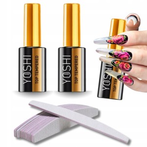 Zestaw do manicure Yoshi Top Tempered 10ml x3 + Pilnik łódka zebra 100/180 x10 – trwały połysk do 4 tygodni