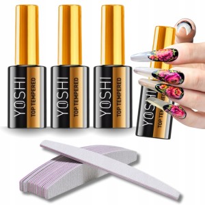 Zestaw do manicure Yoshi Top Tempered 10ml x4 + Pilnik łódka zebra 100/180 x20 – trwały połysk do 4 tygodni