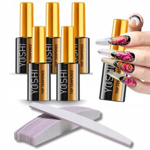 Zestaw do manicure Yoshi Top Tempered 10ml x5 + Pilnik łódka zebra 100/180 x30 – trwały połysk do 4 tygodni