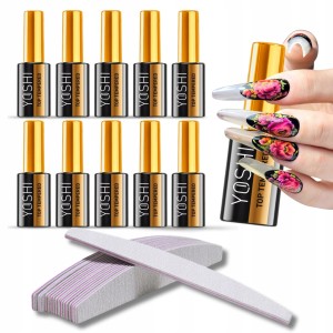 Zestaw do manicure Yoshi Top Tempered 10ml x10 + Pilnik łódka zebra 100/180 x50 – trwały połysk do 4 tygodni