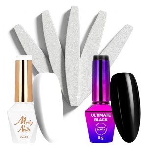 Zestaw Molly Nails Lakier Hybrydowy Czarny + Biały 8g + Pilnik łódka zebra 100/180 x5 – french nail art