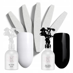 Zestaw Saute Nails Lakier Hybrydowy Czarny + Biały 8ml + Pilnik łódka zebra 100/180 x5