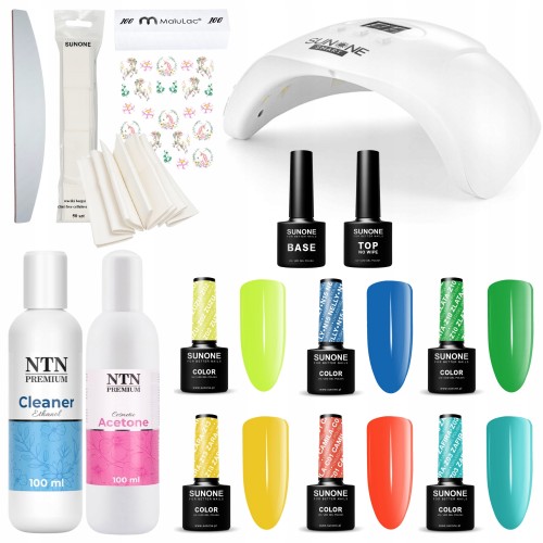 Sunone Zestaw do paznokci hybrydowych w prezentowym pudełku - lampa Led UV + 6x lakier hybrydowy 5g + preparaty + akcesoria.jpg