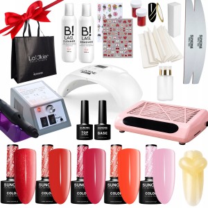 Duży zestaw hybrydowy na Walentynki - lampa + frezarka + pochłaniacz do pyłu + 5x lakier hybrydowy Sunone + preparaty  + akcesoria + gratis brokatowa torba