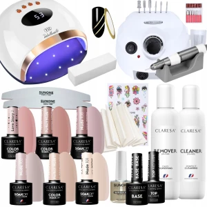 Claresa Świąteczny zestaw startowy do paznokci - lampa UV/LED 158W + mocna frezarka + 6x lakier hybrydowy + preparaty + akcesoria