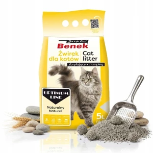 Super Benek Optimum Naturalny Żwirek Bentonitowy Zbrylający dla Kota Drobny 0,5–2 mm Bez Zapachu Mniej Roznoszony 5 L