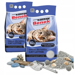 Super Benek Compact Bryza Morska Superchłonny Żwirek Bentonitowy Zbrylający dla Kota Drobny 0,5–2 mm Zapachowy Lawenda Kocimiętka 10 L 2-pak