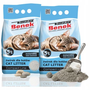 Super Benek Compact Natural Superchłonny Żwirek Bentonitowy Zbrylający dla Kota Drobny 0,5–2 mm Naturalny Zapach 5 L 2-pak