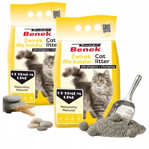 Super Benek Optimum Naturalny Żwirek Bentonitowy Zbrylający dla Kota Drobny 0,5–2 mm Bez Zapachu Mniej Roznoszony 5 L 2-pak