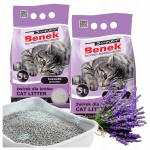 Super Benek Standard Lawenda Żwirek Bentonitowy Zbrylający dla Kota Gruby 1–4 mm Zapach Lawendowy Aseptyczny 5 L 2-pak