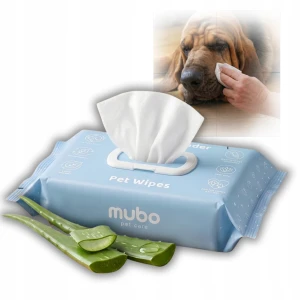 Mubo Chusteczki Pielęgnacyjne Nawilżane dla Psa i Kota z Aloesem Zapach Pudru Biodegradowalne Wegańskie 15x30 cm 100 szt