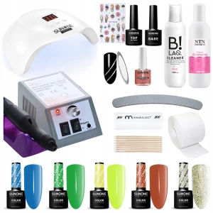 Sunone Zestaw do Manicure Hybrydowego Lampa UV LED 48W Frezarka 10W 5x Lakier Hybrydowy Baza Top Cleaner Aceton