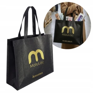 MaluLac Torba Materiałowa Wielorazowa Czarna Brokatowa na Zakupy Plażę Pojemna Ekologiczna 41x36x15 cm