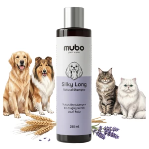 Mubo Silky Long Szampon do Długiej Sierści Psa i Kota Koncentrat 1:2 Olej Arganowy Kokosowy Proteiny Bez Silikonów 250 ml