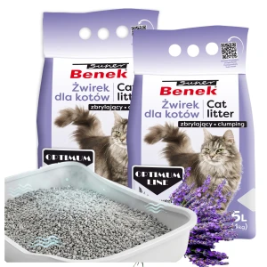 Super Benek Optimum Lawenda Żwirek Bentonitowy Zbrylający dla Kota Drobny 0,5–2 mm Zapach Lawendowy Mniej Roznoszony 5 L 2-pak