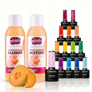 SunOne Zestaw Lakierów Hybrydowych 10szt mix kolorów Aceton Cleaner Melon 100ml